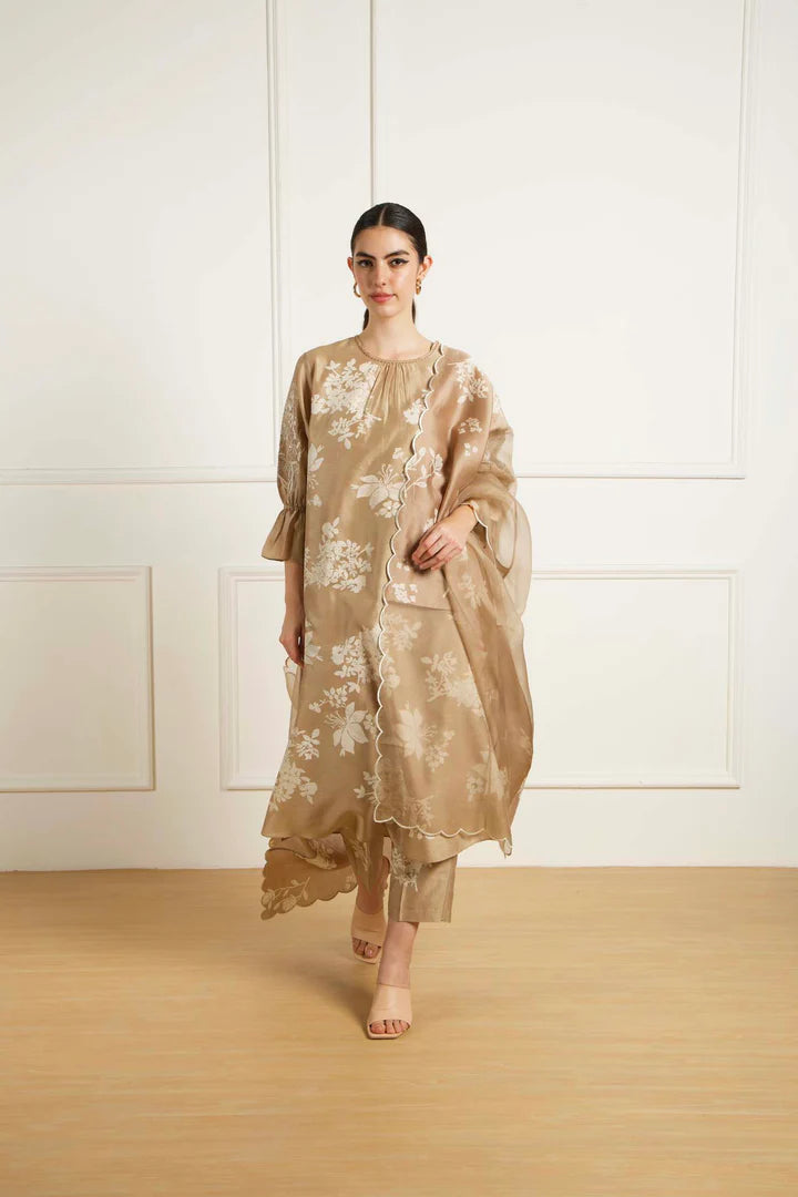 Beige Discharge Print Tunic In Silk Chanderi With Dori Embroidery And Pants In Silk Chanderi