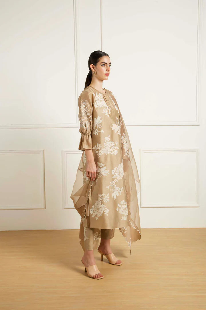 Beige Discharge Print Tunic In Silk Chanderi With Dori Embroidery And Pants In Silk Chanderi