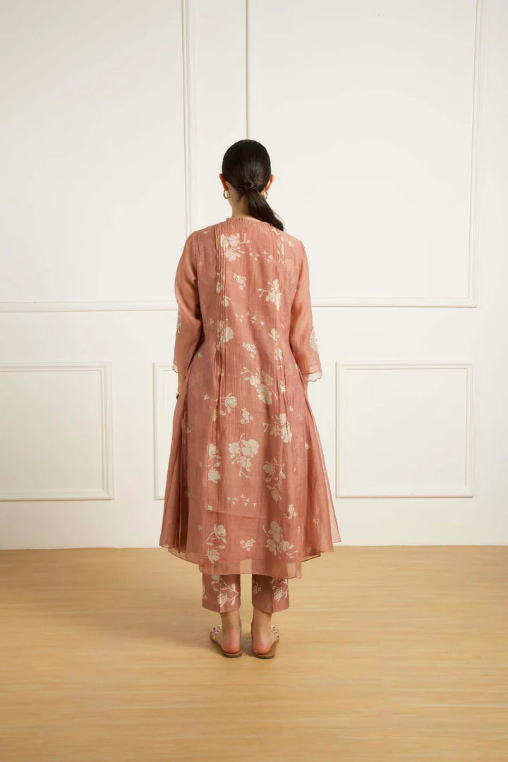 Almond Pleated Tunic In Mul Chanderi And Printed Pants In Silk Chanderi
