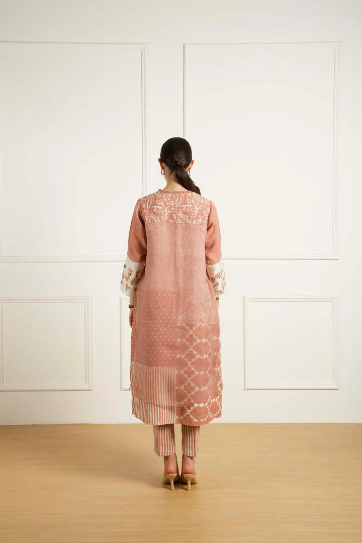 Almond Discharge Print Doulbe Layer Tunic In Linen With Printed Pants In Linen