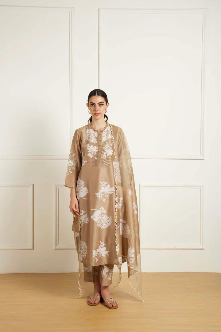 Beige Pleated Yoke Tunic In Silk Chanderi With Dori Embroidery And Pants In Silk Chanderi