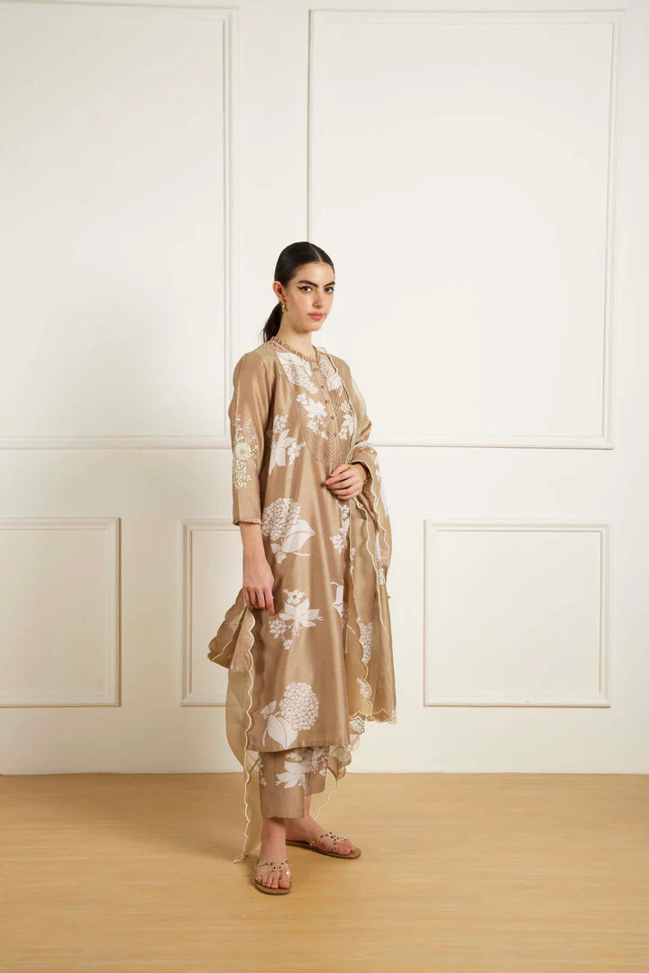 Beige Pleated Yoke Tunic In Silk Chanderi With Dori Embroidery And Pants In Silk Chanderi