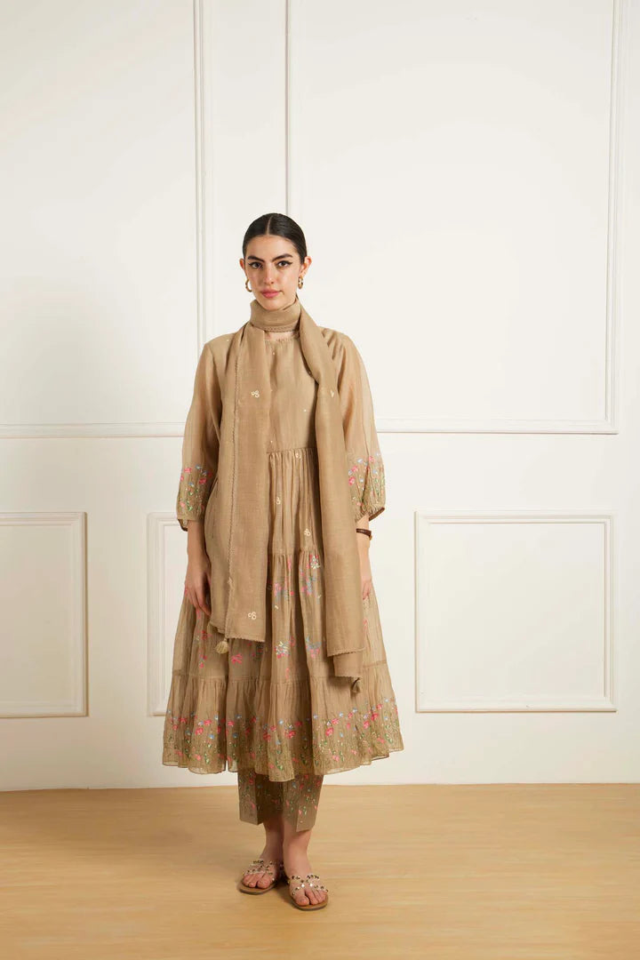Beige Gathered Tunic In Mul Chanderi And Pants In Silk Chanderi