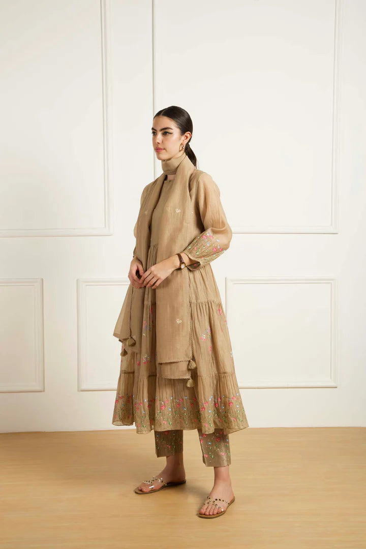 Beige Gathered Tunic In Mul Chanderi And Pants In Silk Chanderi