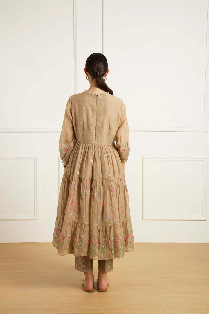 Beige Gathered Tunic In Mul Chanderi And Pants In Silk Chanderi