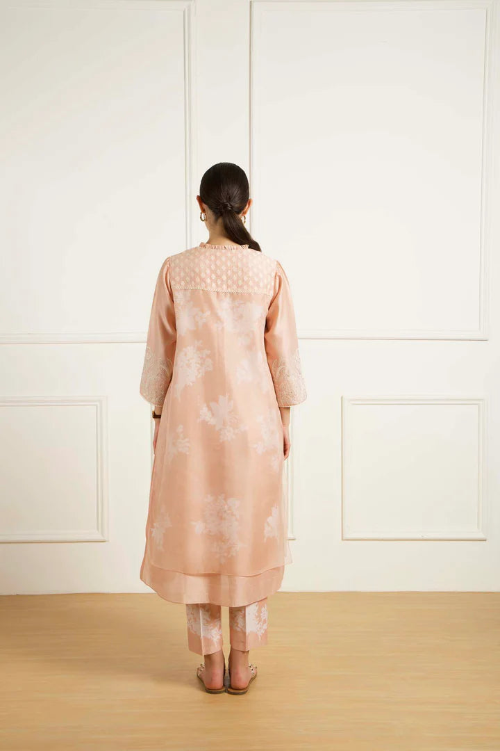 Old Rose Double Layer Tunic And Pants In Silk Chanderi