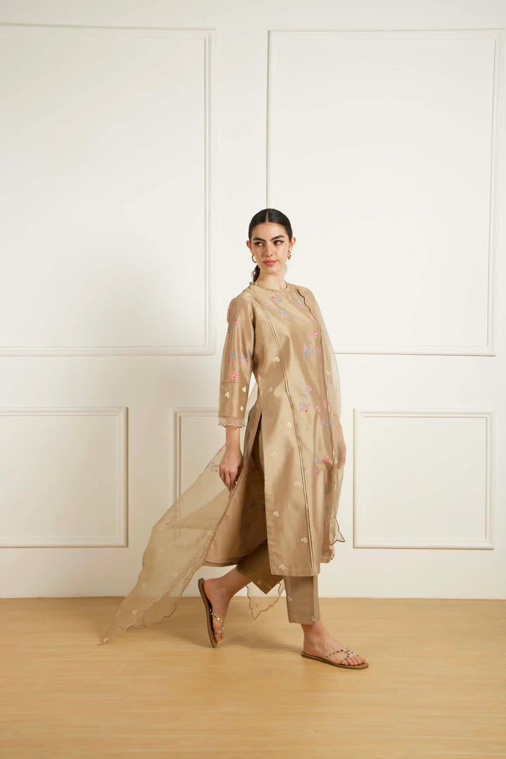 Beige Front Pleats Tunic In Silk Chanderi And Printed Pants In Silk Chanderi