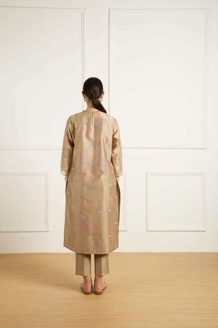 Beige Front Pleats Tunic In Silk Chanderi And Printed Pants In Silk Chanderi