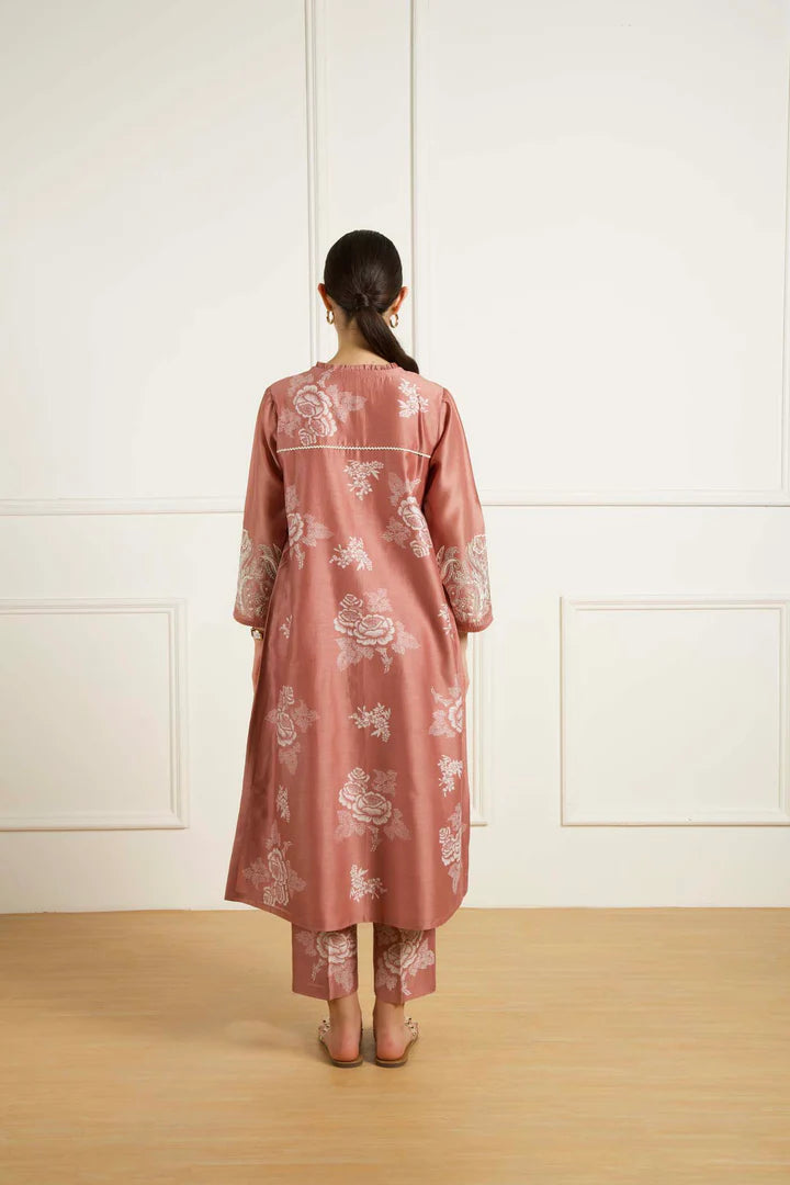 Almond Discharge Print Tunic And Pants In Silk Chanderi