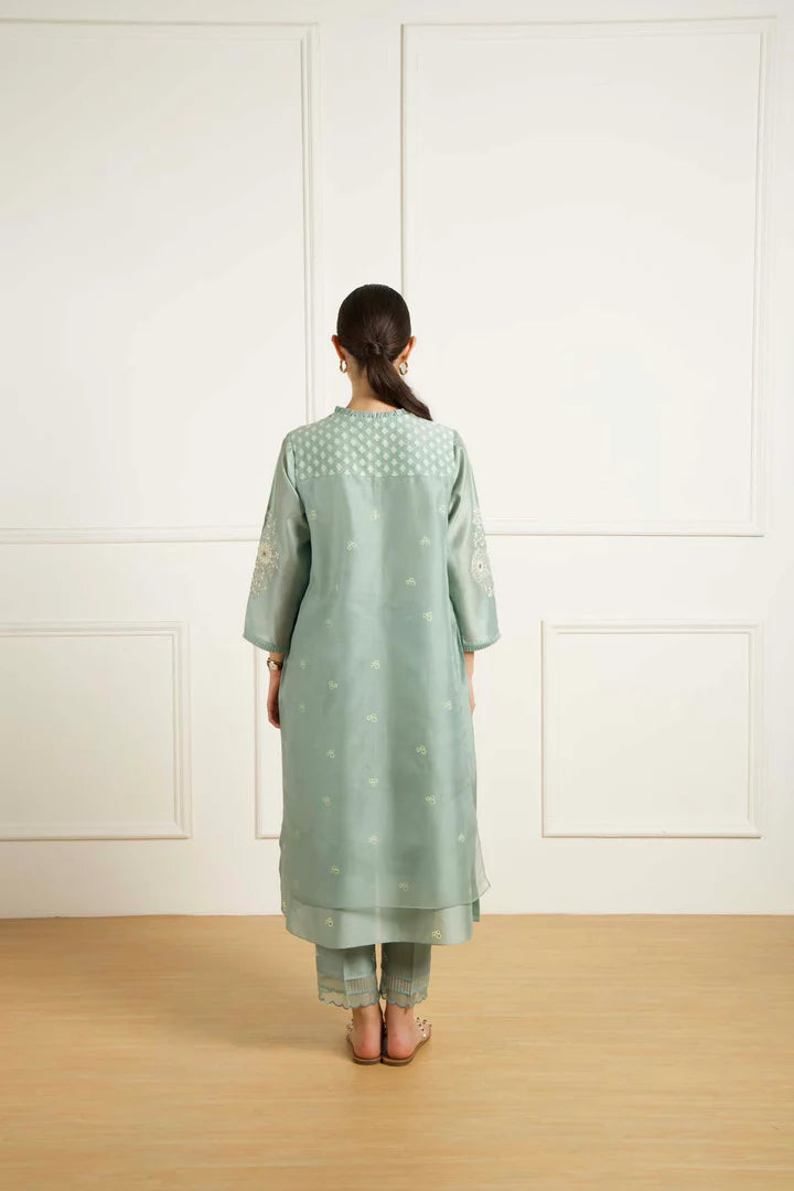 Mint Doulbe Layer Tunic In Silk Chanderi With Dori Embroidery And Pants In Silk Chanderi
