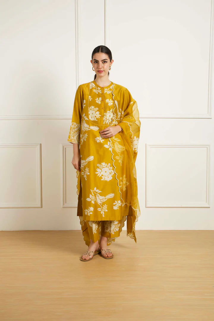 Ochre Discharge Print Tunic In Silk Chanderi With Dori Embroidery And Pants In Silk Chanderi