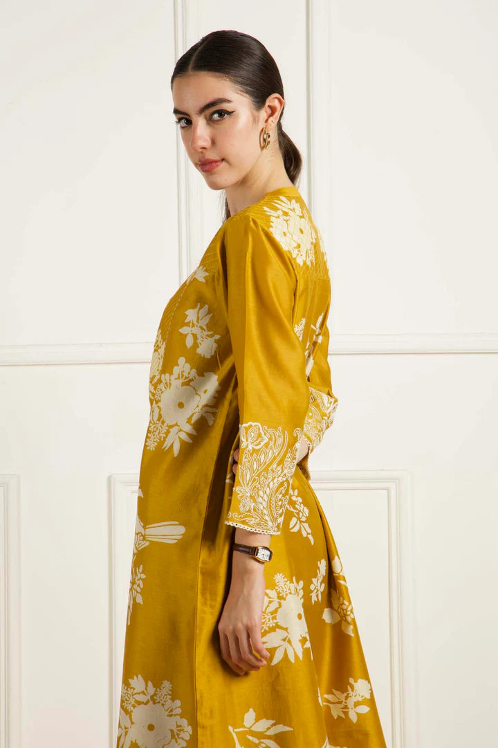 Ochre Discharge Print Tunic In Silk Chanderi With Dori Embroidery And Pants In Silk Chanderi