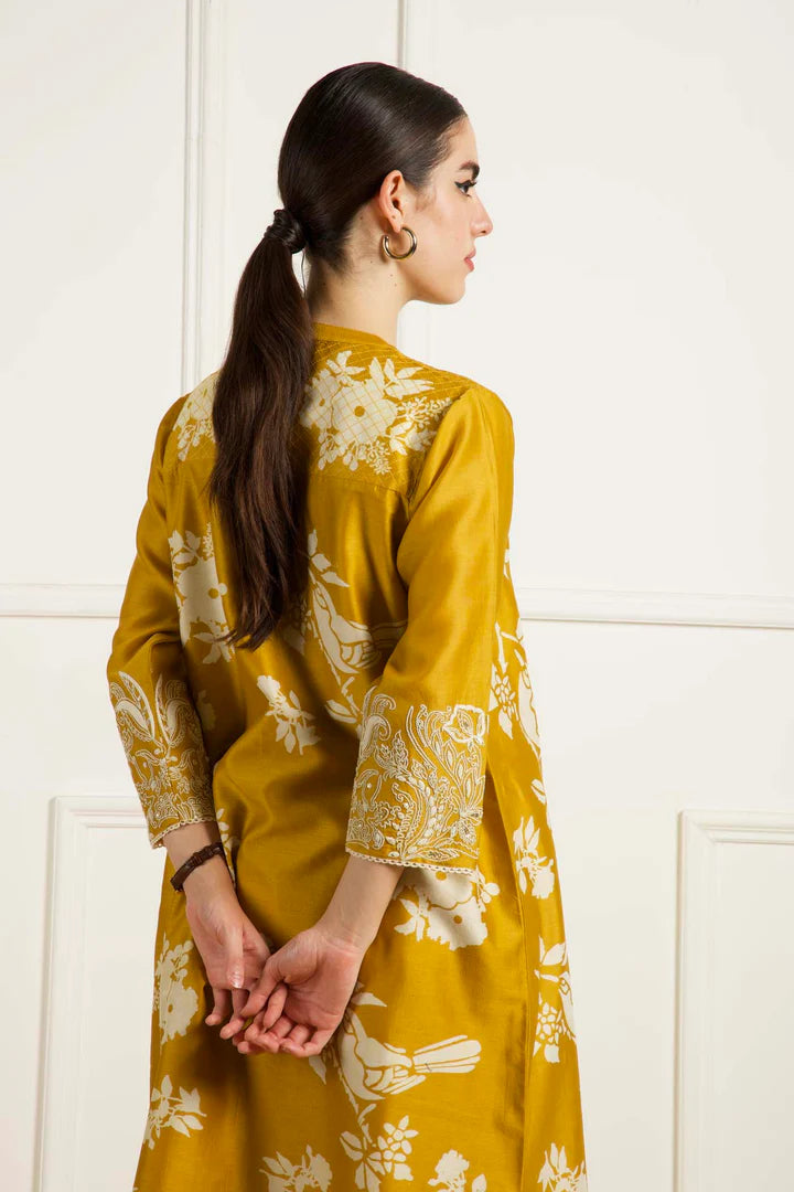 Ochre Discharge Print Tunic In Silk Chanderi With Dori Embroidery And Pants In Silk Chanderi