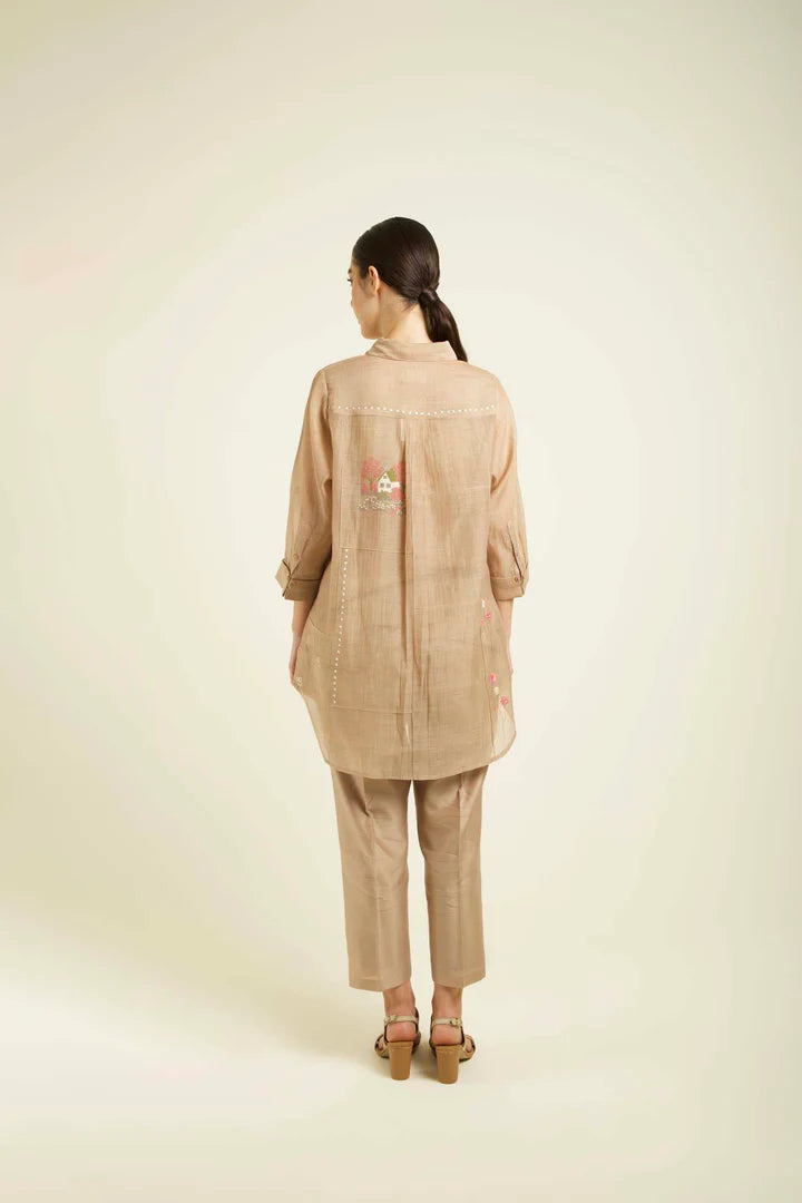 Beige Shirt In Mul Chanderi With Straight Pants In Silk Chanderi