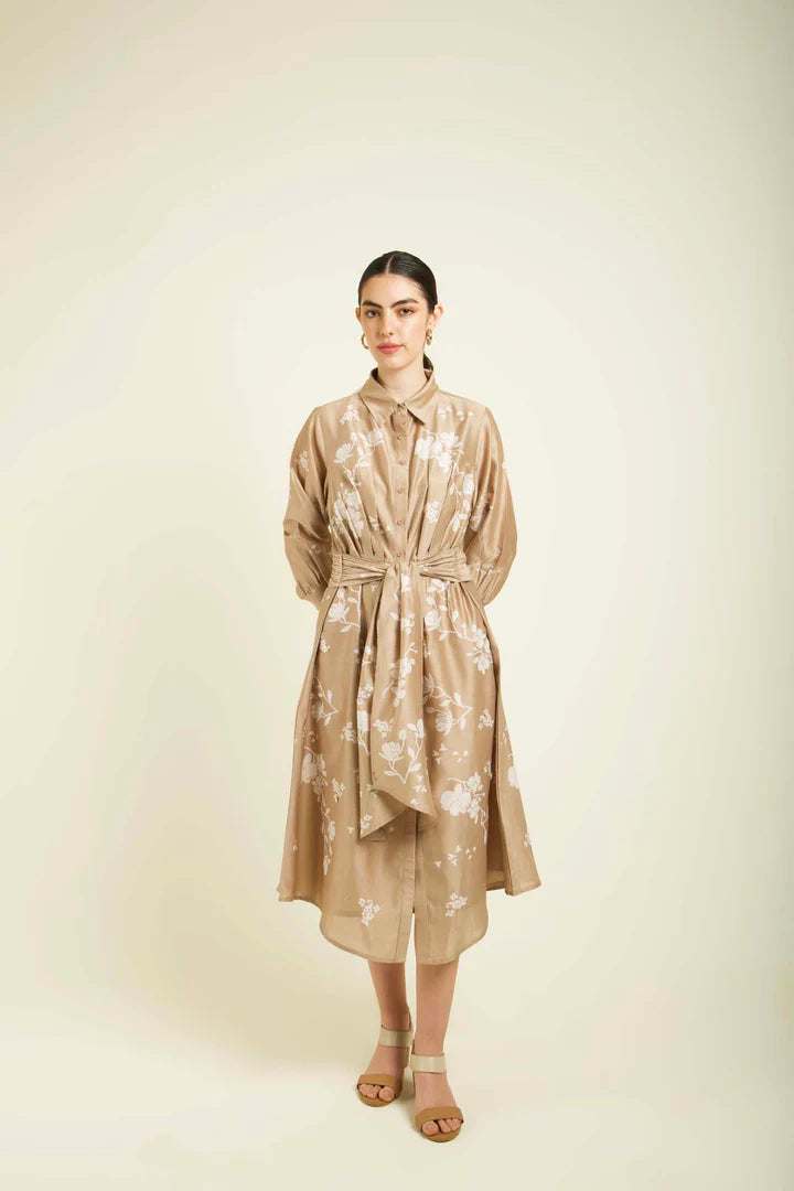 Beige Discharge Print Tie Up Dress In Silk Chanderi With Embroidery Details