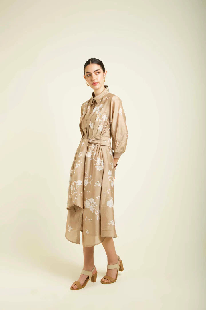 Beige Discharge Print Tie Up Dress In Silk Chanderi With Embroidery Details