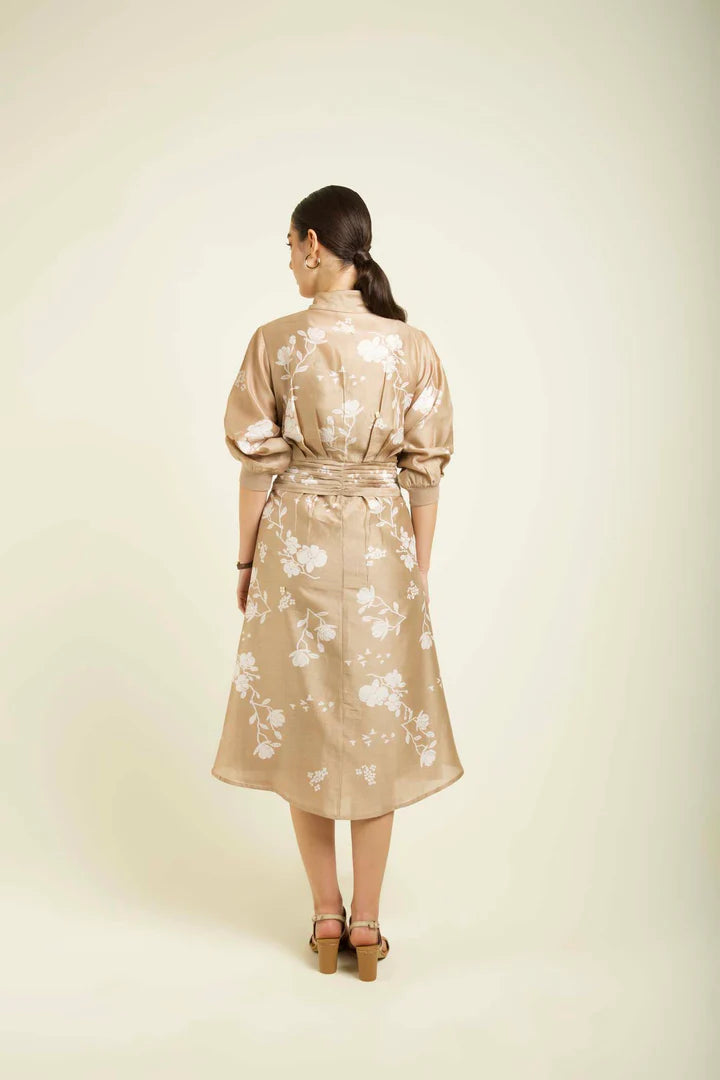 Beige Discharge Print Tie Up Dress In Silk Chanderi With Embroidery Details