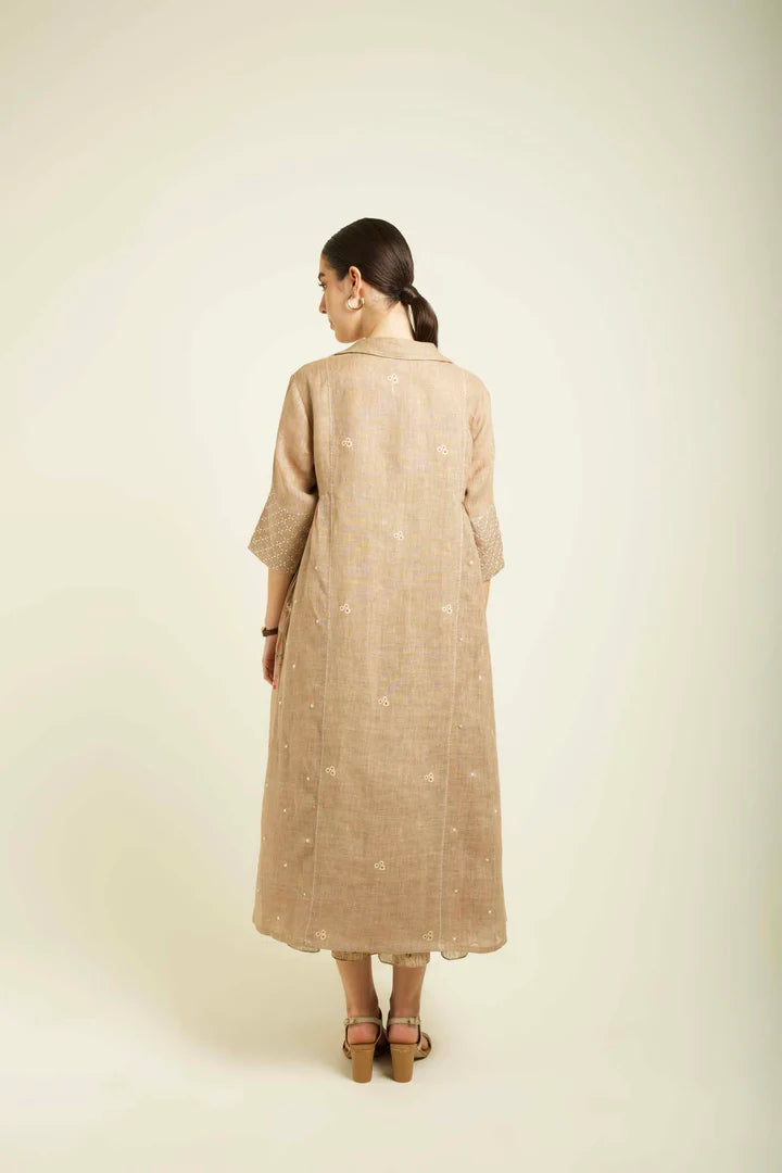Beige Gauze Linen Jacket With Embroidery And Tier Dress In Mul Chanderi