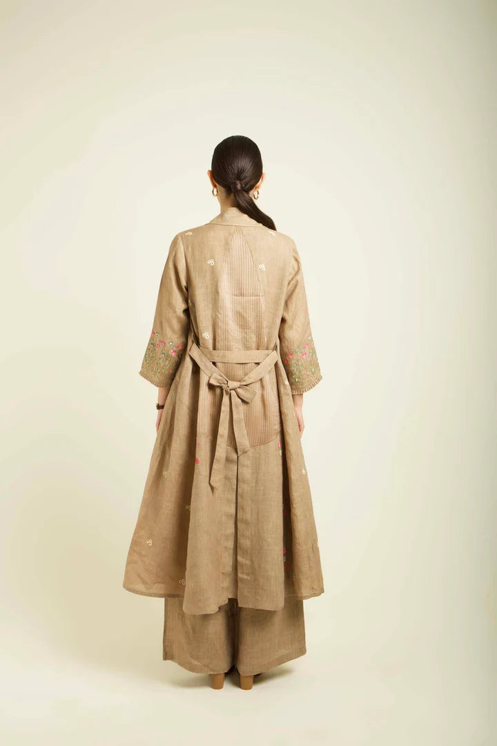 Beige Linen Printed Jacket With Flared Pants And Top In Linen