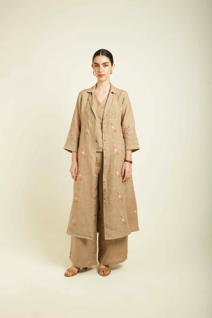 Beige Linen Printed Jacket With Flared Pants And Top In Linen