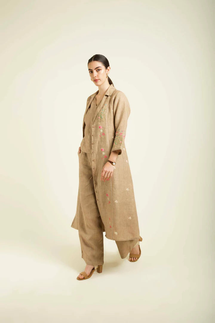 Beige Linen Printed Jacket With Flared Pants And Top In Linen