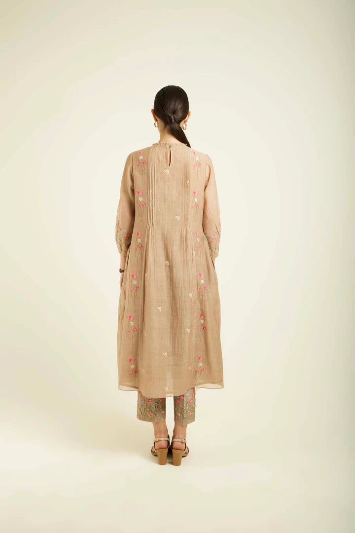 Beige Mul Chanderi Pleated Tunic With Straight Printed Pants In Silk Chanderi