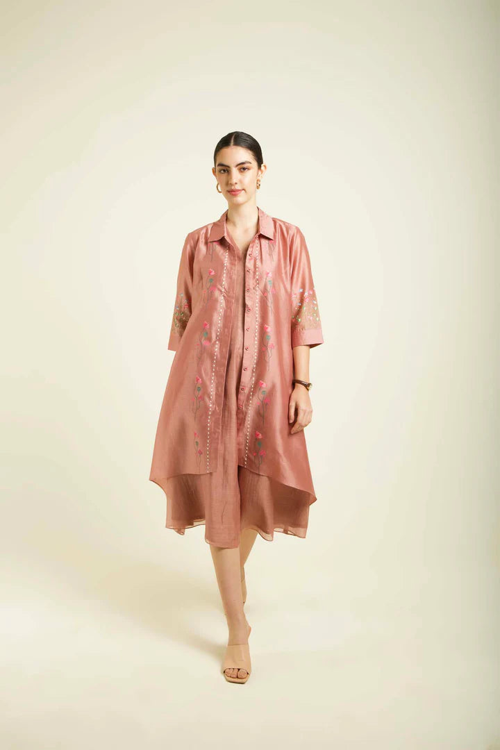 Almond Through On Jacket In Silk Chanderi With Plain Mul Chanderi Dress