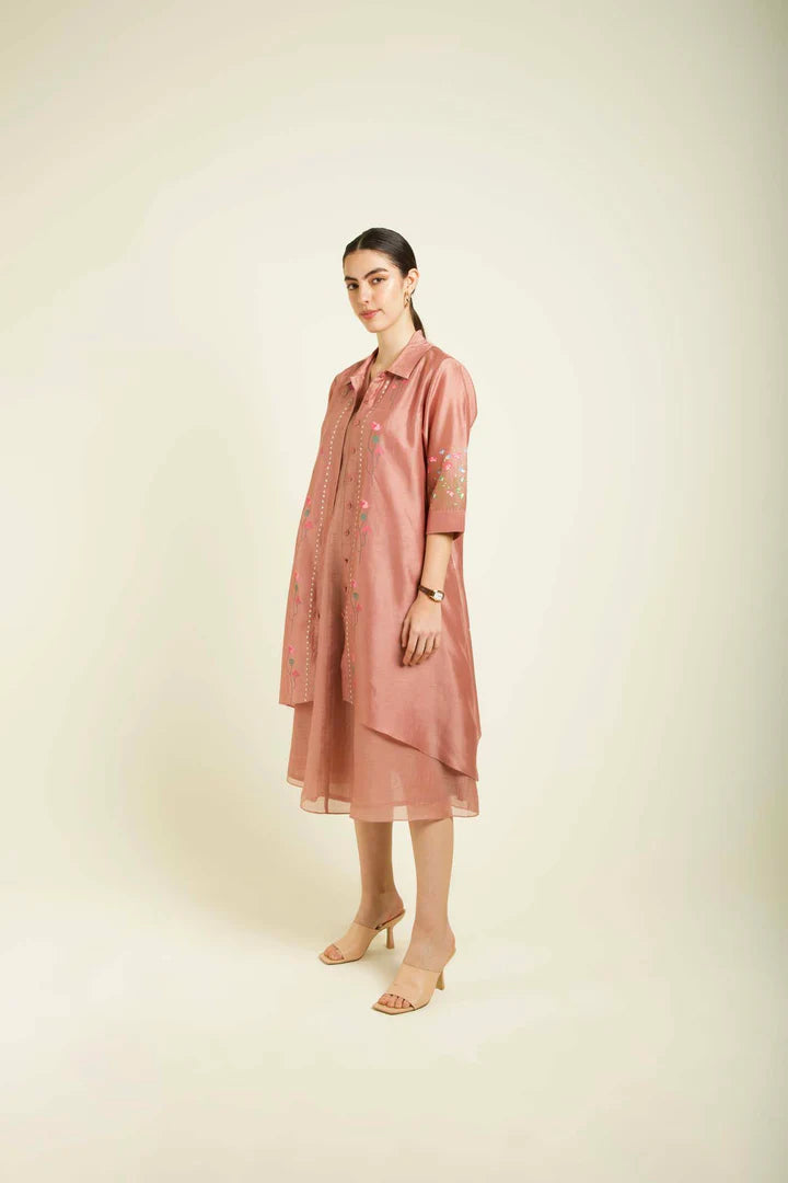 Almond Through On Jacket In Silk Chanderi With Plain Mul Chanderi Dress
