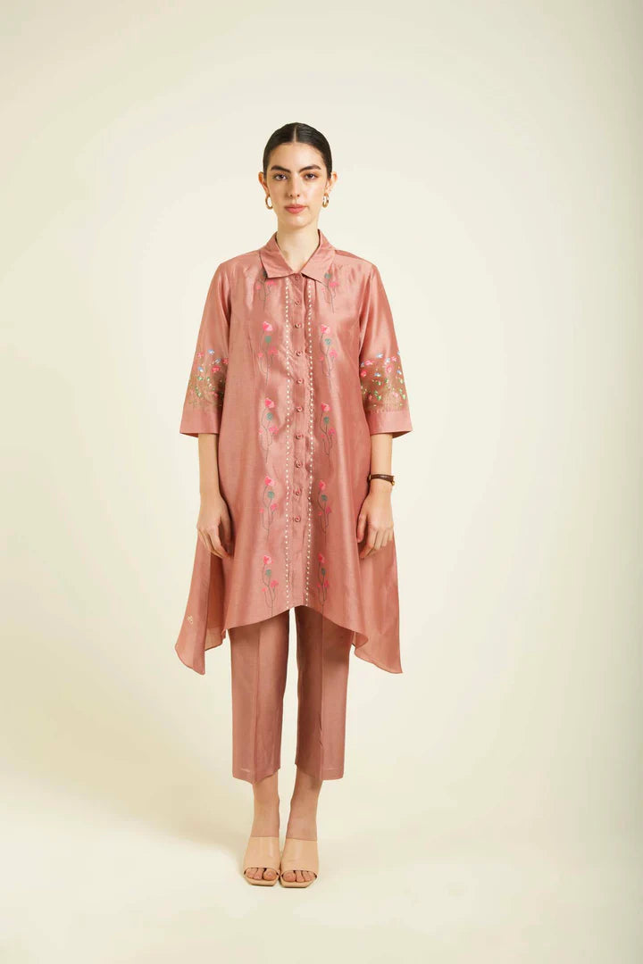 Almond Silk Chanderi Shirt With Embroidery And Straight Pants In Silk Chanderi