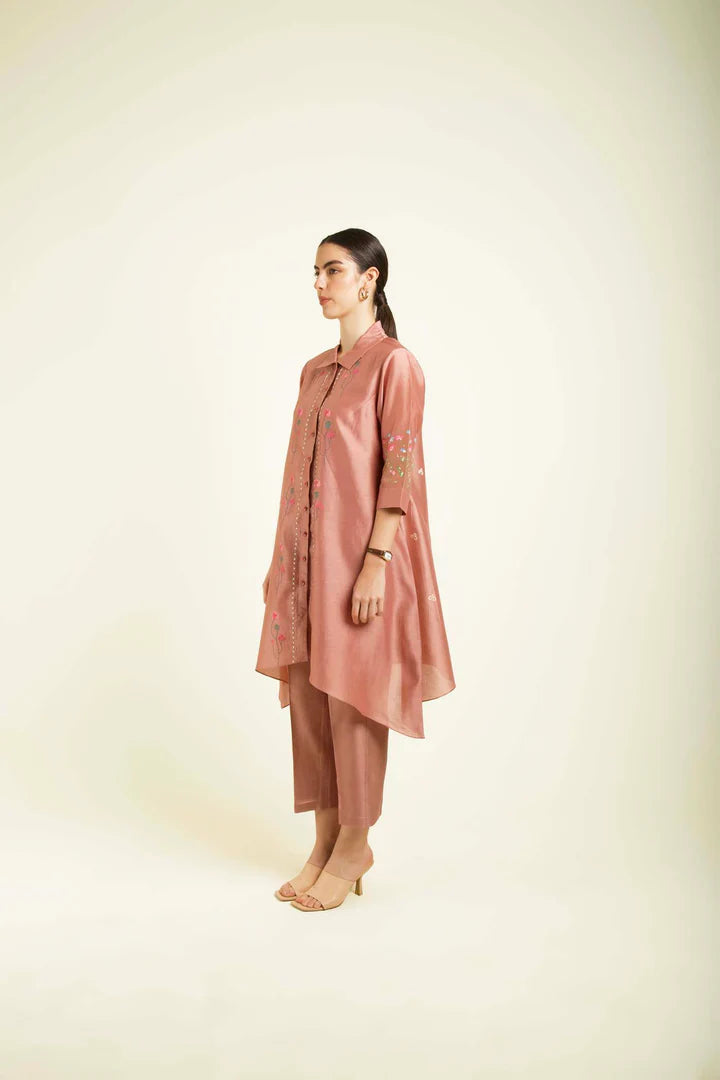 Almond Silk Chanderi Shirt With Embroidery And Straight Pants In Silk Chanderi