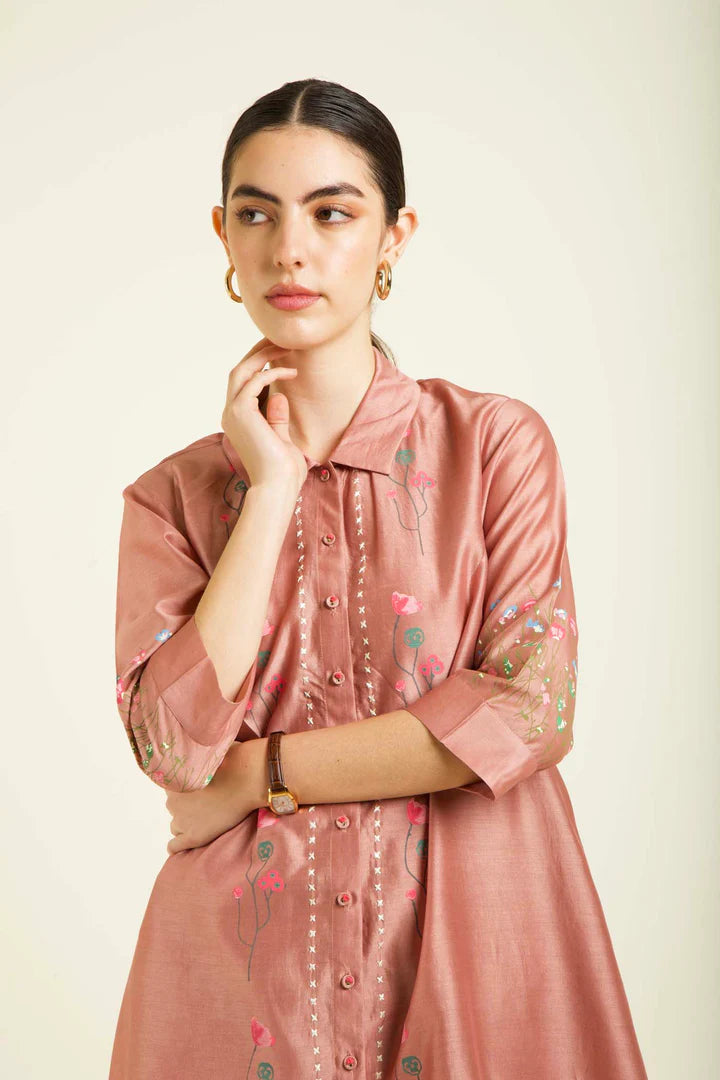 Almond Silk Chanderi Shirt With Embroidery And Straight Pants In Silk Chanderi