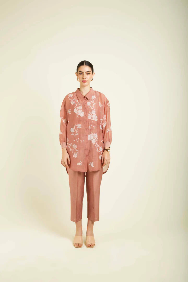 Almond Mul Chanderi Drop Shoulder Shirt With Straight Pants In Silk Chanderi