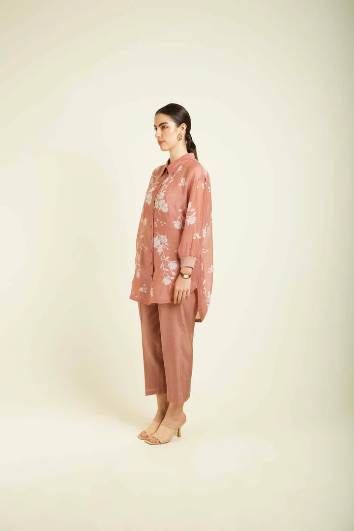 Almond Mul Chanderi Drop Shoulder Shirt With Straight Pants In Silk Chanderi