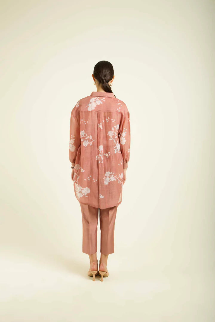 Almond Mul Chanderi Drop Shoulder Shirt With Straight Pants In Silk Chanderi