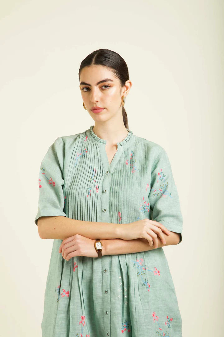 Mint Front Printed Dress In Linen With Embroidery Details