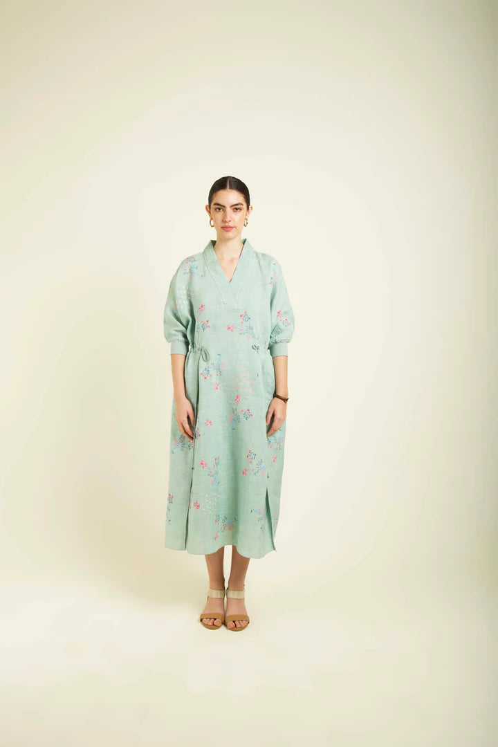 Mint Printed Slip Dress In Linen With Embroidery Details
