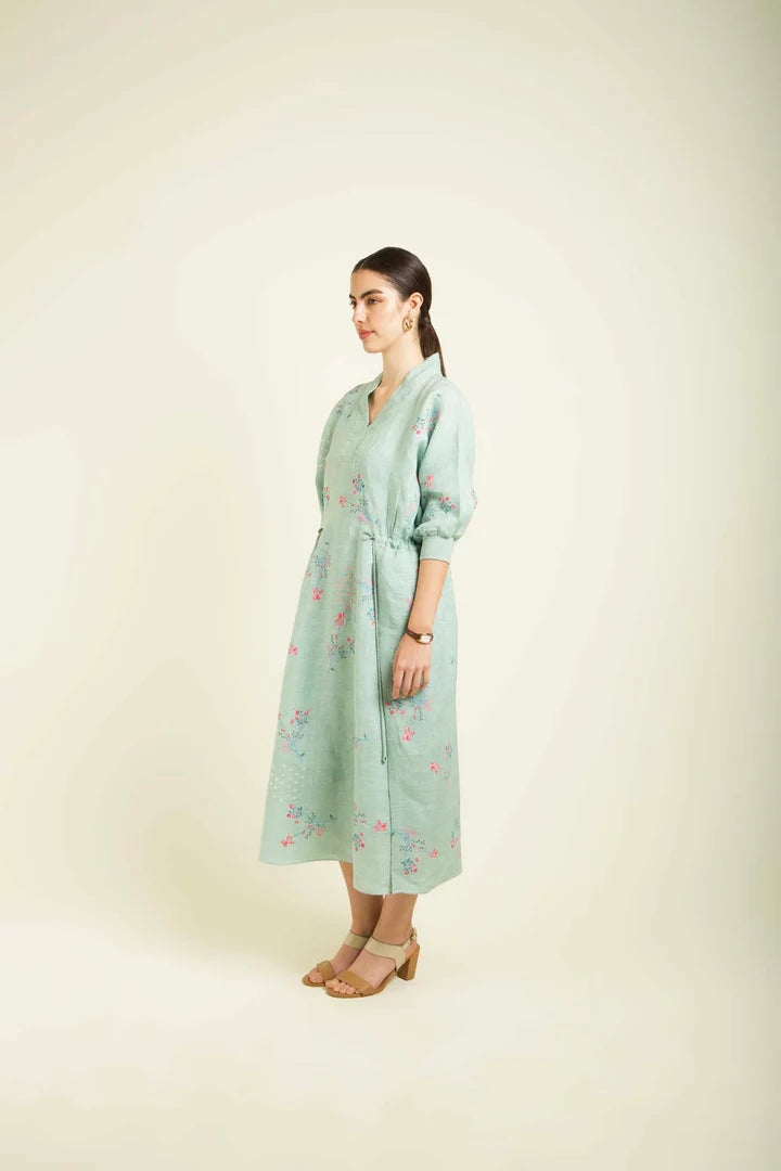 Mint Printed Slip Dress In Linen With Embroidery Details