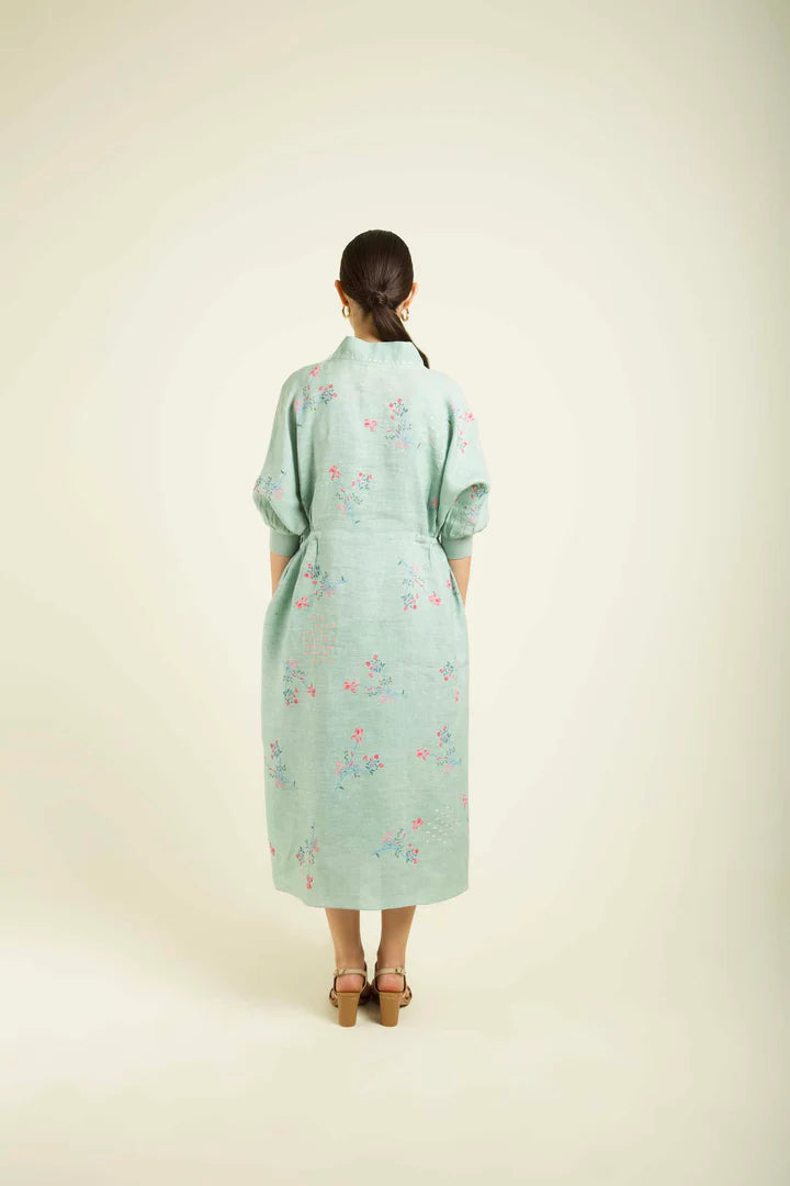 Mint Printed Slip Dress In Linen With Embroidery Details