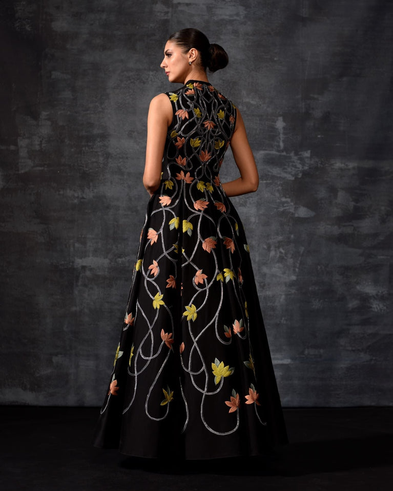 Samant Chauhan Sleeveless Black Cotton Silk Gown - Floral Embroidery ...