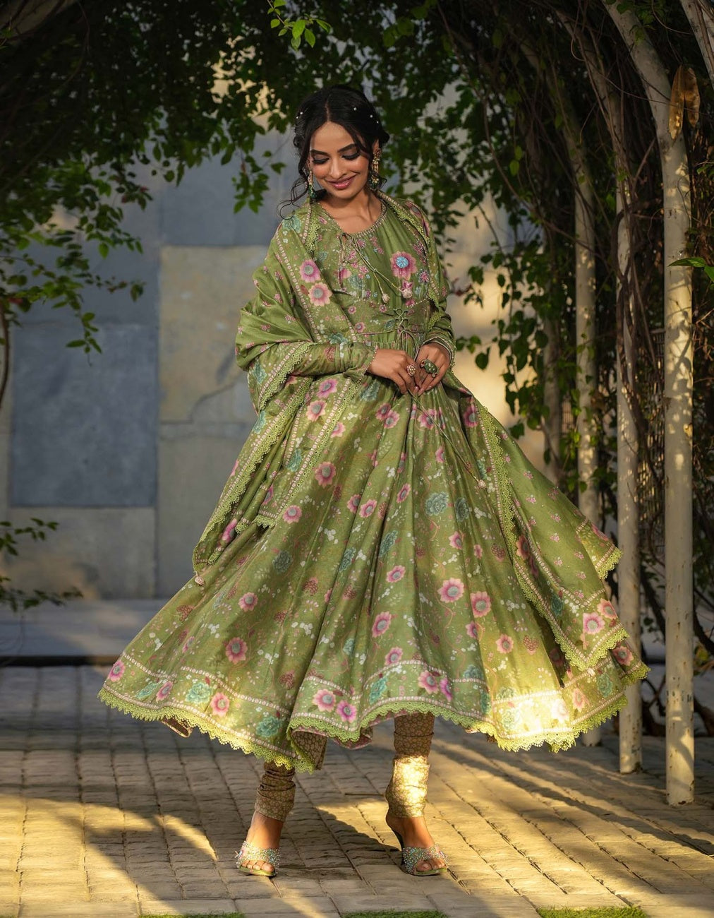 Dark Green Mughal Koti Anarkali Set