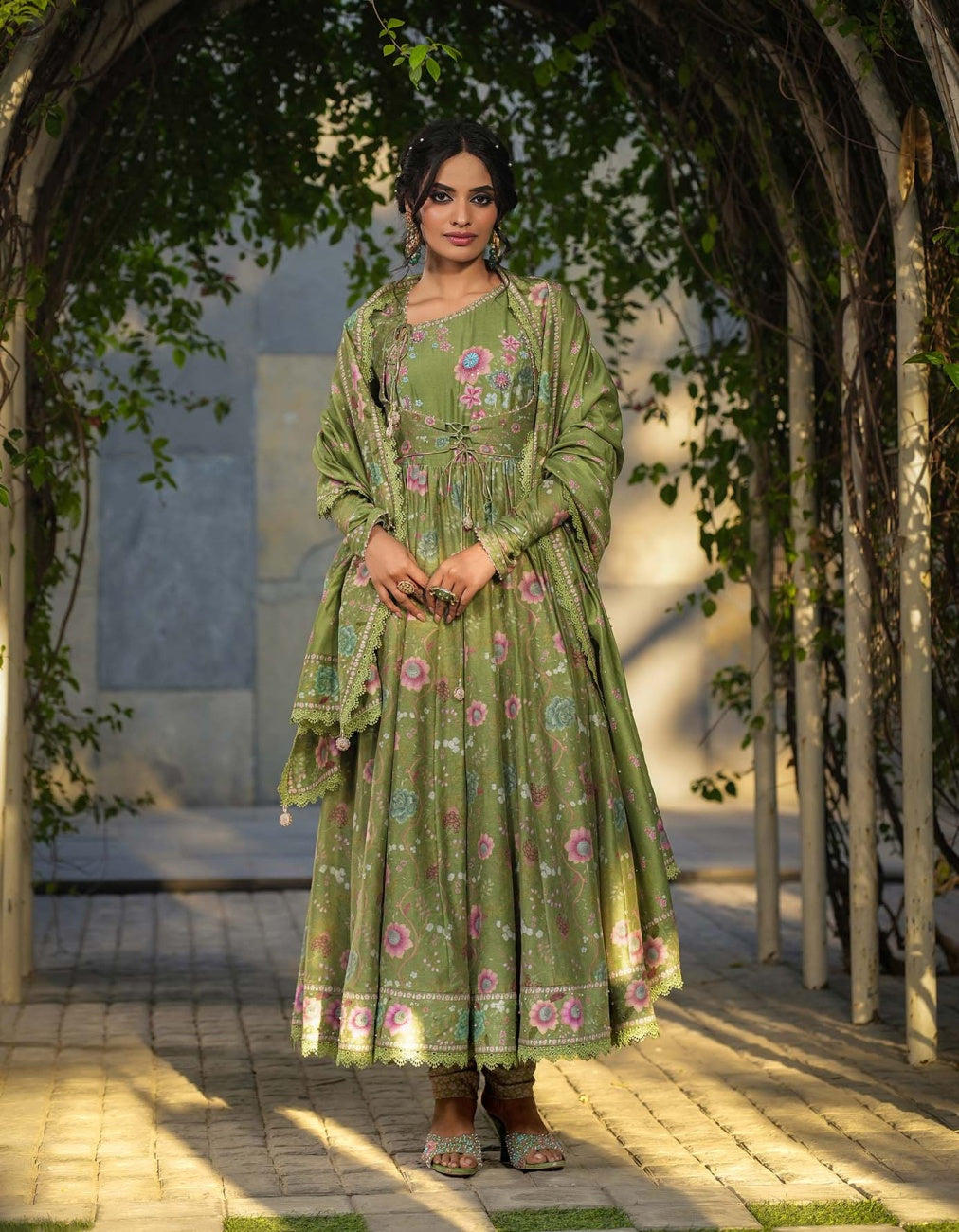 Dark Green Mughal Koti Anarkali Set