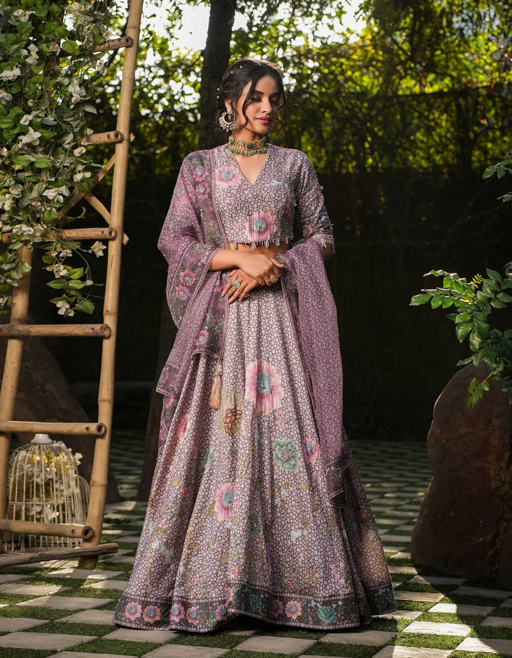 Purple Mughal Lehenga Small Flower Set