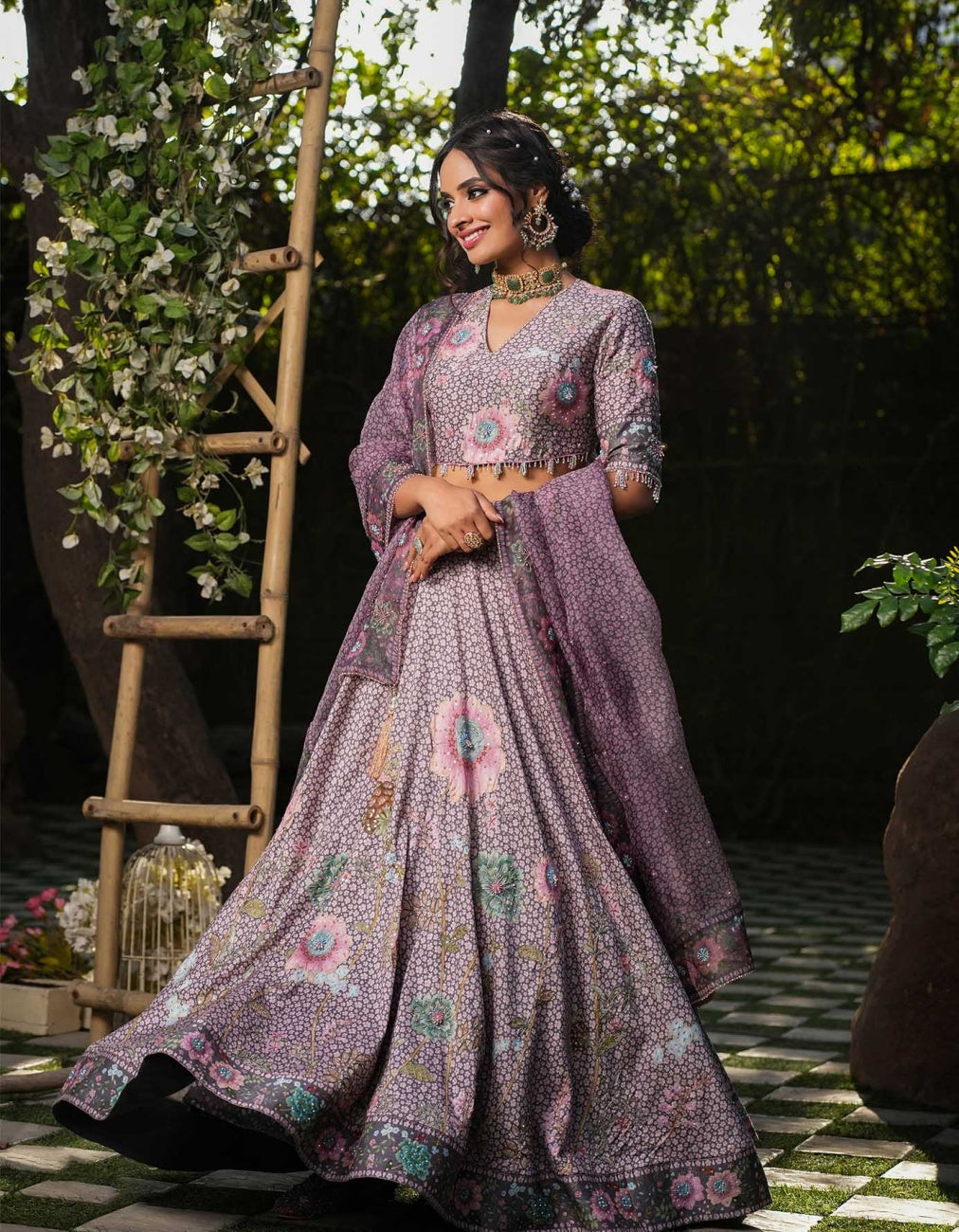 Purple Mughal Lehenga Small Flower Set