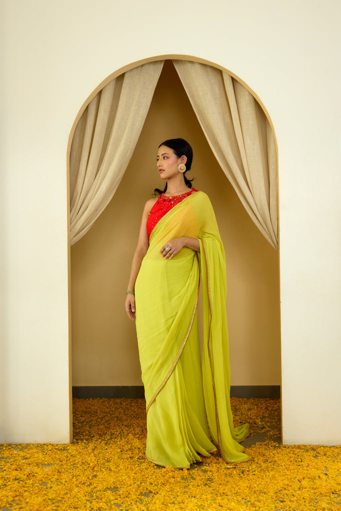 Buy Pinup By Astha Yellow Flat Chiffon Embroidered Saree With Blouse Online  | Aza Fashions