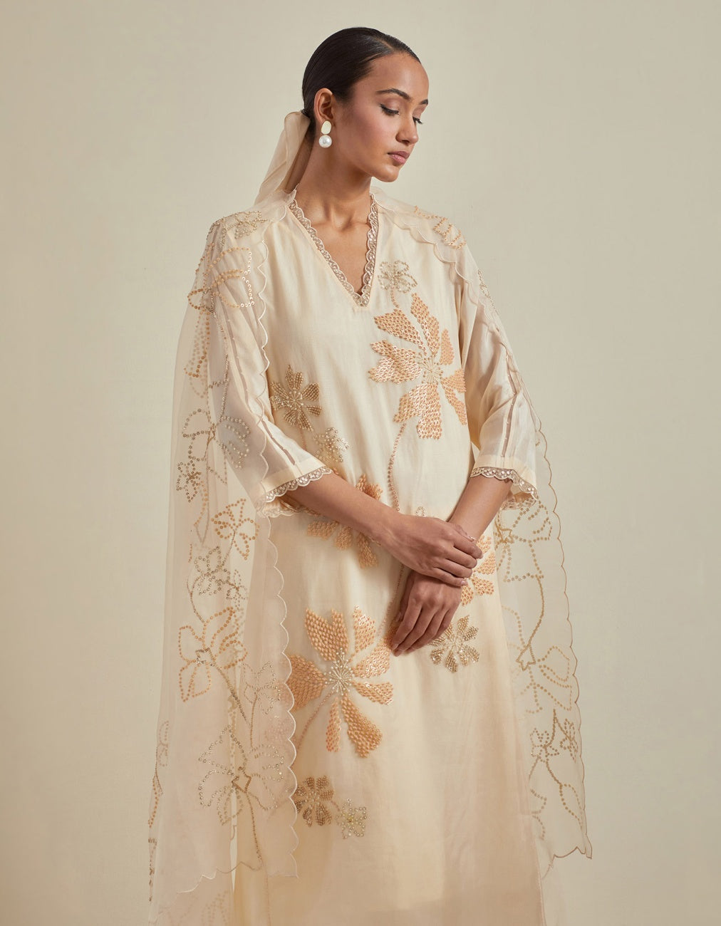 Ecru Dupatta In Organza