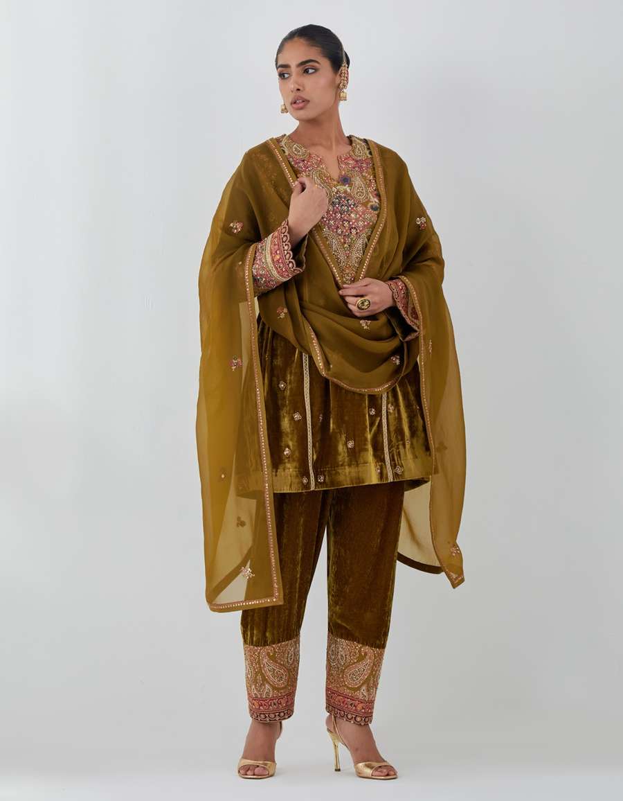 Champagne Velvet Patchwork Short Kurti Salwar