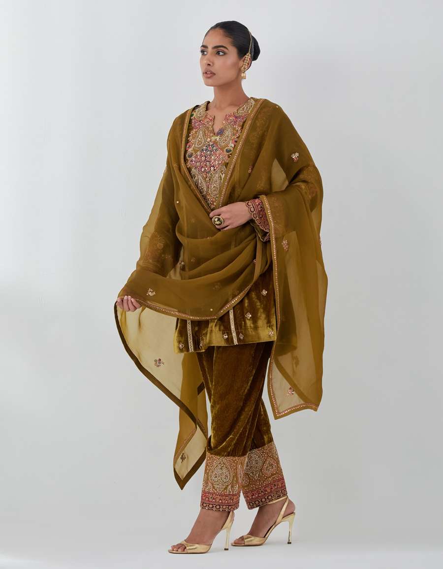 Champagne Velvet Patchwork Short Kurti Salwar