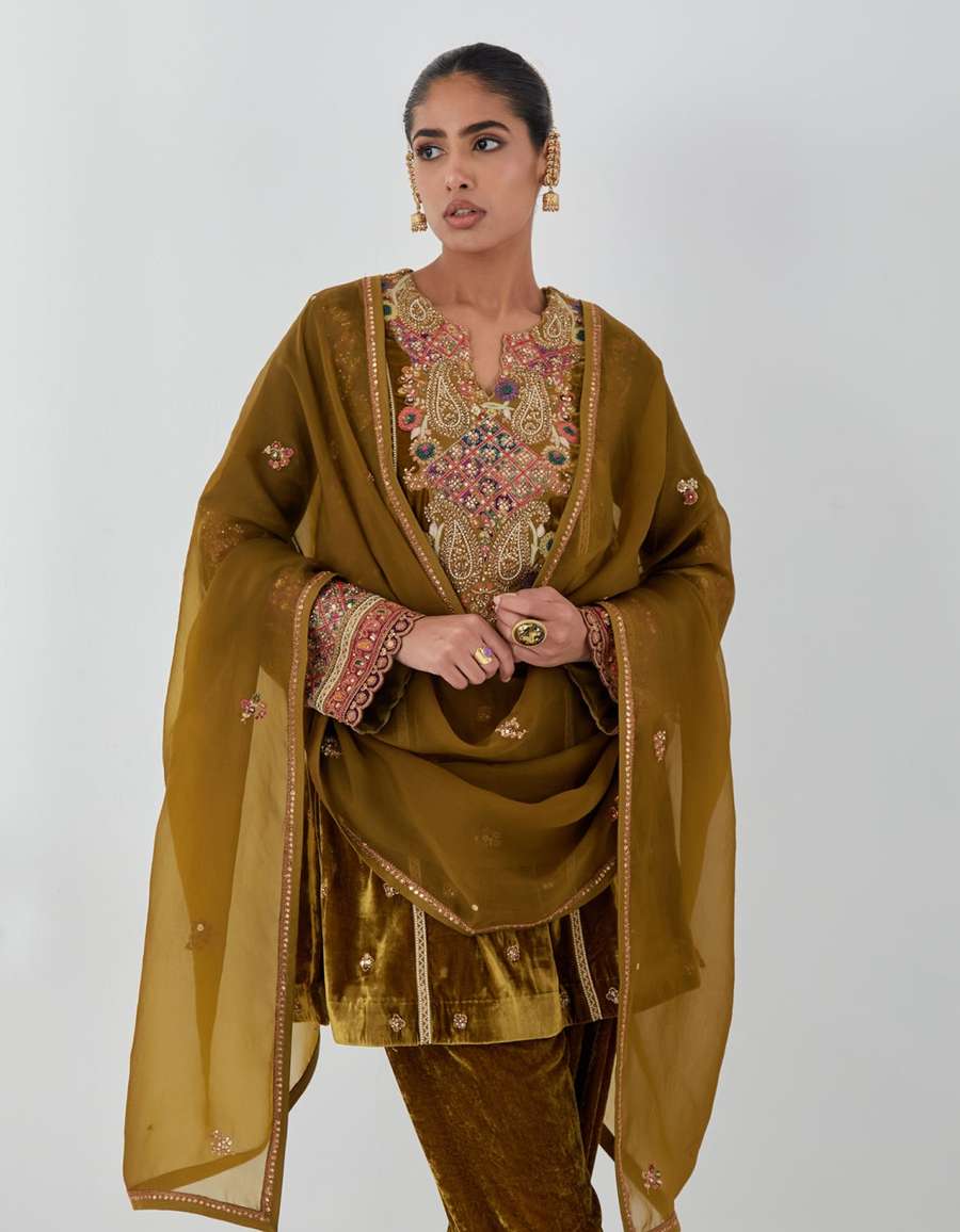 Champagne Velvet Patchwork Short Kurti Salwar