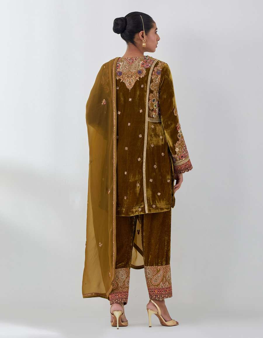 Champagne Velvet Patchwork Short Kurti Salwar