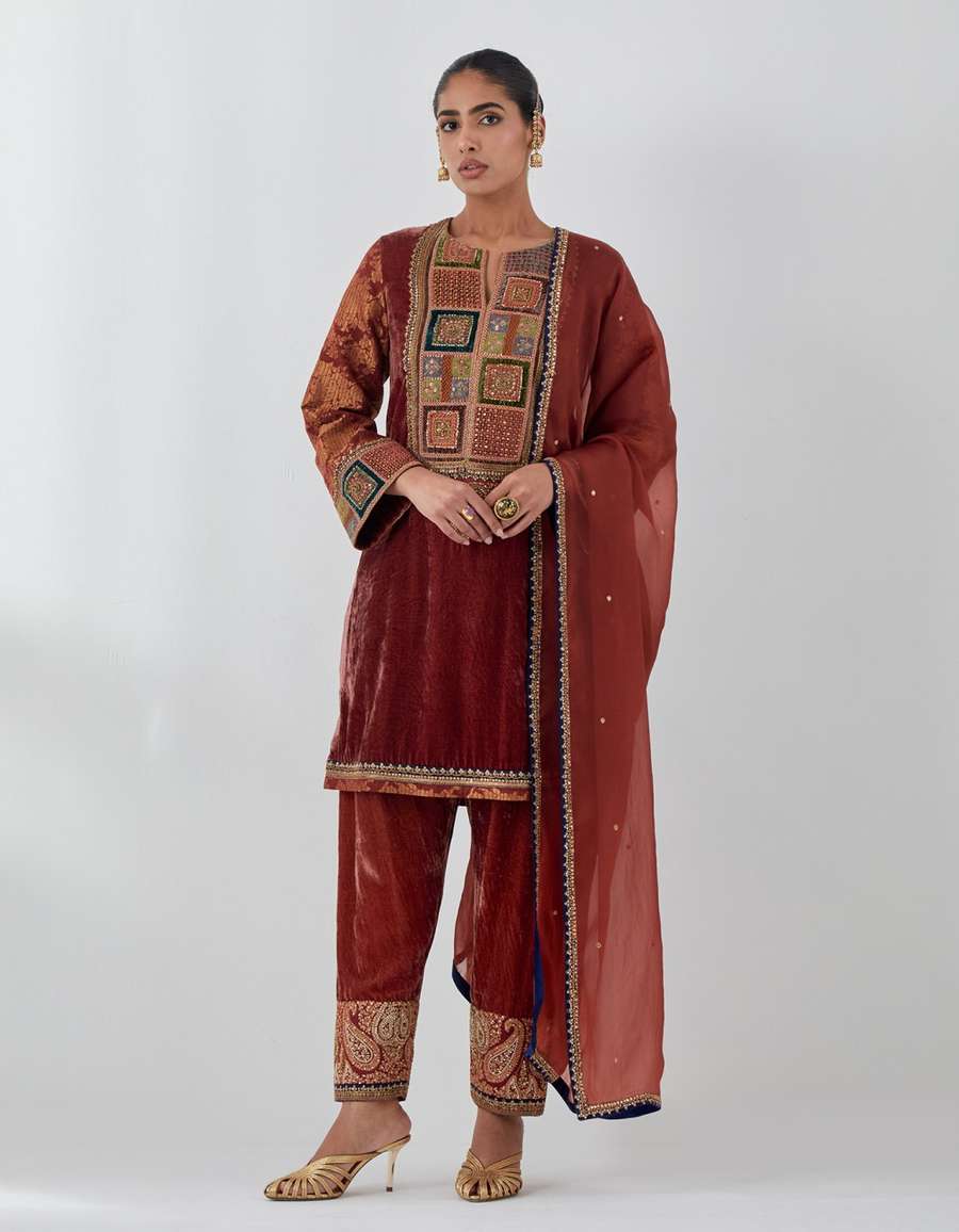 Rust Velvet Short Kurti With Brocade Sleeve Set